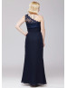 Navy Blue Lace Chiffon One Shoulder Long Prom Dress 